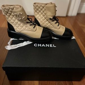 Chanel Calfskin Quilted Lace Up Combat Boots